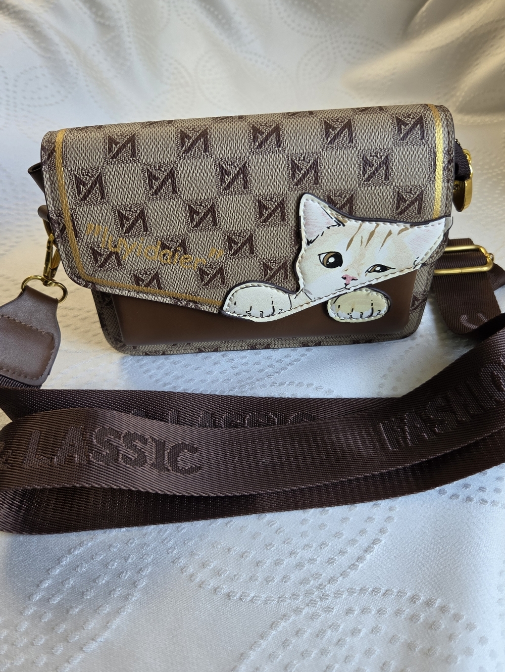 Luyidaier brand Brown Monogram Crossbody Bag with Cute Cat Accent